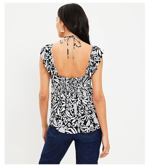 New LOFT Black & White Pineapple Ruffle Tie Neck Halter Top Sleeveless Blouse M - Picture 9 of 9